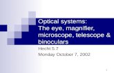 1 Optical systems: The eye, magnifier, microscope, telescope & binoculars Hecht 5.7 Monday October 7, 2002.