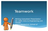 Teamwork Writing Consultant Presentation EG 1003: Intro to Engineering and Design NYU’s Polytechnic School of Engineering.
