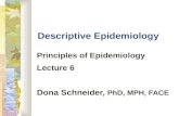 Descriptive Epidemiology Principles of Epidemiology Lecture 6 Dona Schneider, PhD, MPH, FACE.