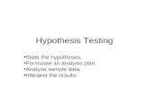 Hypothesis Testing State the hypotheses. Formulate an analysis plan. Analyze sample data. Interpret the results.