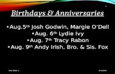 Birthdays & Anniversaries Aug.5 th Josh Godwin, Margie O’Dell Aug. 6 th Lydie Ivy Aug. 7 th Tracy Rabon Aug. 9 th Andy Irish, Bro. & Sis. Fox 8-3-2014.