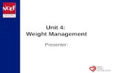 Unit 4: Weight Management Presenter:. Session outline What are the principles of positive weight management? Health implications Measuring overweight.