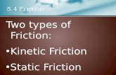 Two types of Friction: Kinetic FrictionKinetic Friction Static FrictionStatic Friction 5.4 Friction.