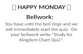 HAPPY MONDAY Bellwork: You have until the bell rings and we will immediately start the quiz. On your bellwork write “Study for Kingdom Chart Quiz”.