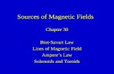 Sources of Magnetic Fields Chapter 30 Biot-Savart Law Lines of Magnetic Field Ampere’s Law Solenoids and Toroids.