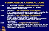 FUNDAMENTAL CHEMICAL LAWS 1789 - Lavoisier Law of Conservation of Mass in a chemical reaction mass is neither created nor destroyed. 1820 - Proust. Law.