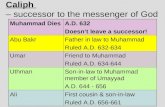 Caliph – successor to the messenger of God Muhammad DiesA.D. 632 Doesn’t leave a successor! Abu BakrFather in law to Muhammad Ruled A.D. 632-634 UmarFriend.