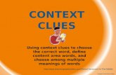 CONTEXT CLUES Using context clues to choose the correct word, define content area words, and choose among multiple meanings of words .
