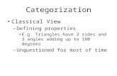 Categorization Classical View – Defining properties E.g. Triangles have 3 sides and 3 angles adding up to 180 degrees – Unquestioned for most of time.