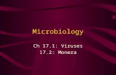 Microbiology Ch 17.1: Viruses 17.2: Monera. Virus: A non- cellular particle made up of genetic material and protein that can invade cells.