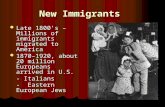 New Immigrants Late 1800's – Millions of immigrants migrated to America Late 1800's – Millions of immigrants migrated to America 1870–1920, about 20 million.