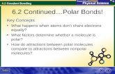 6.2 Covalent Bonding 6.2 Continued…Polar Bonds! Key Concepts What happens when atoms don’t share electrons equally? What factors determine whether a molecule.