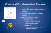 Chemical Fundamentals Review Living things are composed of matter. Matter has mass, occupies space. Atoms composed of: – Small nucleus Proton (positive.
