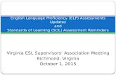 Virginia ESL Supervisors’ Association Meeting Richmond, Virginia October 1, 2015 English Language Proficiency (ELP) Assessments Updates and Standards of.