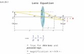 Lecture 26-1 Lens Equation ( < 0 )  True for thin lens and paraxial rays.  magnification m = h’/h = - q/p.