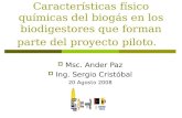 Características físico químicas del biogás en los biodigestores que forman parte del proyecto piloto.  Msc. Ander Paz  Ing. Sergio Cristóbal 20 Agosto.