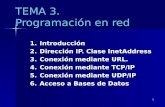 1 TEMA 3. Programación en red 1.Introducción 2.Dirección IP. Clase InetAddress 3.Conexión mediante URL. 4.Conexión mediante TCP/IP 5.Conexión mediante.