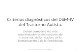 Criterios diagnósticos del DSM-IV del Trastorno Autista. Deben cumplirse 6 o más manifestaciones del conjunto de trastornos, de la relación, de la comunicación.