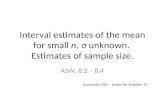 Interval estimates of the mean for small  n,  σ  unknown.  Estimates of sample size.