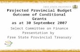 Projected Provincial Budget Outcome of Conditional Grants as at 30 September 2007