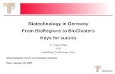 Biotechnology in Germany From BioRegions to BioClusters Keys for succes Dr. Klaus Plate CEO