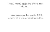 How many eggs are there in 5 dozen?  How many moles are in 2.25 grams of the element iron, Fe?