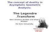 The concept of duality in Asymptotic Geometric Analysis: The Legendre Transform.
