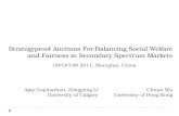 Strategyproof  Auctions For Balancing Social Welfare and Fairness in Secondary Spectrum Markets