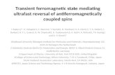 Transient ferromagnetic state mediating ultrafast reversal of antiferromagnetically coupled spins
