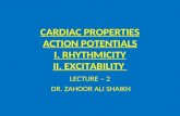 CARDIAC PROPERTIES ACTION POTENTIALS I. RHYTHMICITY II. EXCITABILITY