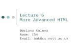 Lecture 6 More Advanced HTML Boriana Koleva Room: C54 Email: bnk@cs.nott.ac.uk
