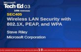 SEC405 Wireless LAN Security with 802.1X, PEAP, and WPA Steve Riley Microsoft Corporation.
