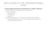 APPLICATION AT THE ORGANIZATIONAL LEVEL Interorganizational Relations (IOR) Theory Describes how organizations collaborate Three networks Obligational.