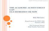 THE ACADEMIC ACHIEVEMENT GAP: OLD REMEDIES OR NEW Elin McGuire Requirement for EDUC 610 Summer 2010 The Graduate School Holy Family University The Academic.