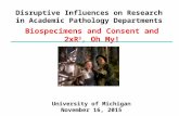 Disruptive Influences on Research in Academic Pathology Departments Biospecimens and Consent and 2xR 3, Oh My! University of Michigan November 16, 2015.