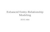 Enhanced Entity-Relationship Modeling ISYS 464. Entity, Relationship, Attribute Ebay: –Entities: User, Item –Multiple relationships: Sell Buy –Bid: Is.