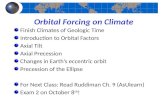 Orbital Forcing on Climate Finish Climates of Geologic Time Introduction to Orbital Factors Axial Tilt Axial Precession Changes in Earth’s eccentric orbit.