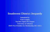 Southwest District Jeopardy Submitted by: Katie Langley Tau Beta Sigma-Psi Chapter University of Arkansas SWD Vice President for Membership 2011-2013.