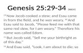Genesis 25:29-34 (NKJV) 29 Now Jacob cooked a stew; and Esau came in from the field, and he was weary. 30 And Esau said to Jacob, “Please feed me with.