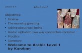 Lesson 6-7: الدرس السابع Objectives: Review The morning greeting Asking about well being Arabic alphabet: two way connectors continue Practice Summary.