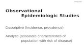 Observational Epidemiologic Studies Descriptive (incidence, prevalence) Analytic (associate characteristics of population with risk of disease) Study type.