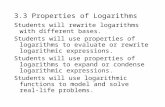 3.3 Properties of Logarithms Students will rewrite logarithms with different bases. Students will use properties of logarithms to evaluate or rewrite logarithmic