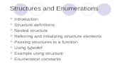 Structures and Enumerations Introduction Structure definitions Nested structure Referring and initializing structure elements Passing structures to a function.
