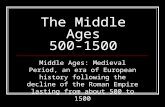The Middle Ages 500-1500 Middle Ages: Medieval Period, an era of European history following the decline of the Roman Empire lasting from about 500 to 1500.