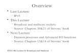 TELE 402 Lecture 8: Broadcast and Multicast 1 Overview Last Lecture –IPv6 This Lecture –Broadcast and multicast sockets –Source: Chapters 20&21 of Stevens’