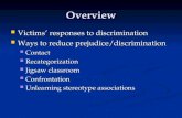 Overview Victimsâ€™ responses to discrimination Victimsâ€™ responses to discrimination Ways to reduce prejudice/discrimination Ways to reduce prejudice/discrimination