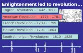 Enlightenment led to revolution English Revolution – 1642 - 1688 American Revolution – 1776 - 1781 French Revolution – 1789 - 1799 Haitian Revolution