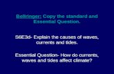 Bellringer: Copy the standard and Essential Question. S6E3d- Explain the causes of waves, currents and tides. Essential Question- How do currents, waves.