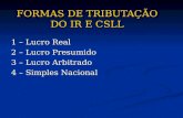 FORMAS DE TRIBUTAÇÃO DO IR E CSLL 1 – Lucro Real 2 – Lucro Presumido 3 – Lucro Arbitrado 4 – Simples Nacional.