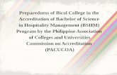 PREPAREDNESS OF BICOL COLLEGE IN THE ACCREDITATION OF BSHM PROGRAM BY THE PACUCOA